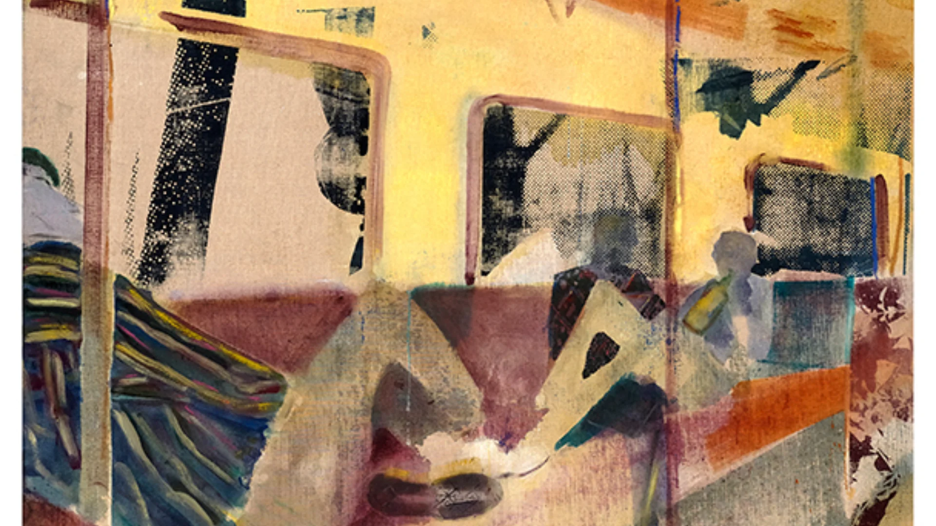 Figures reclining in a train carriage