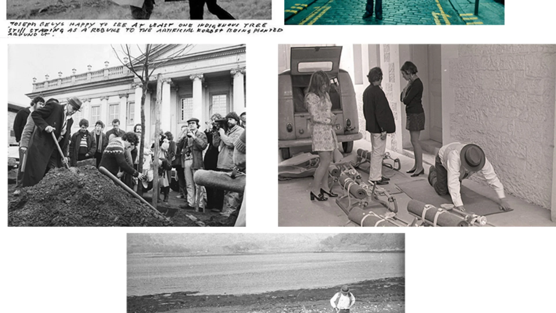 Five black and white photos of various scenes