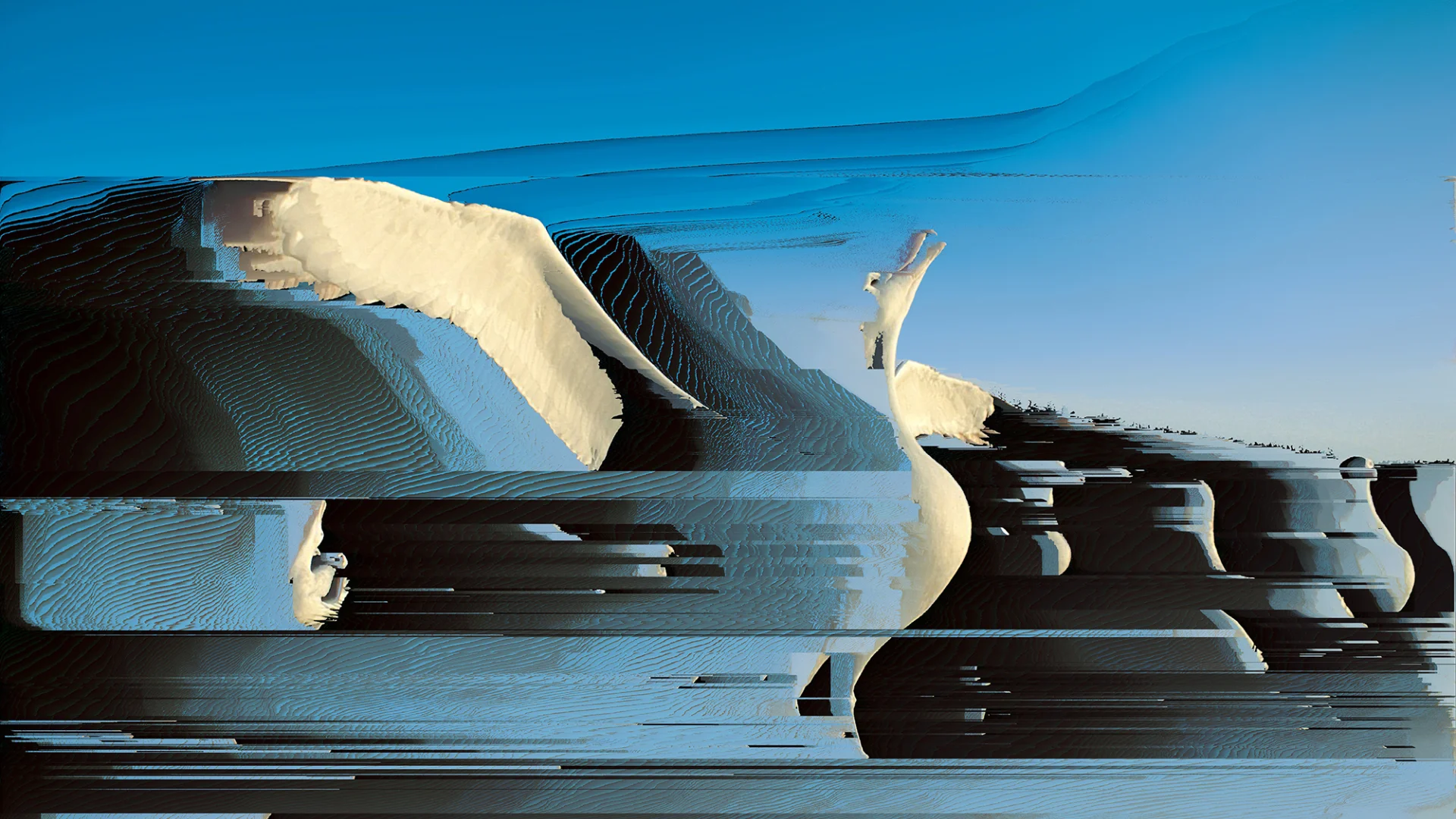 A glitchy digital image of huge blue waves and an albatross in front of them