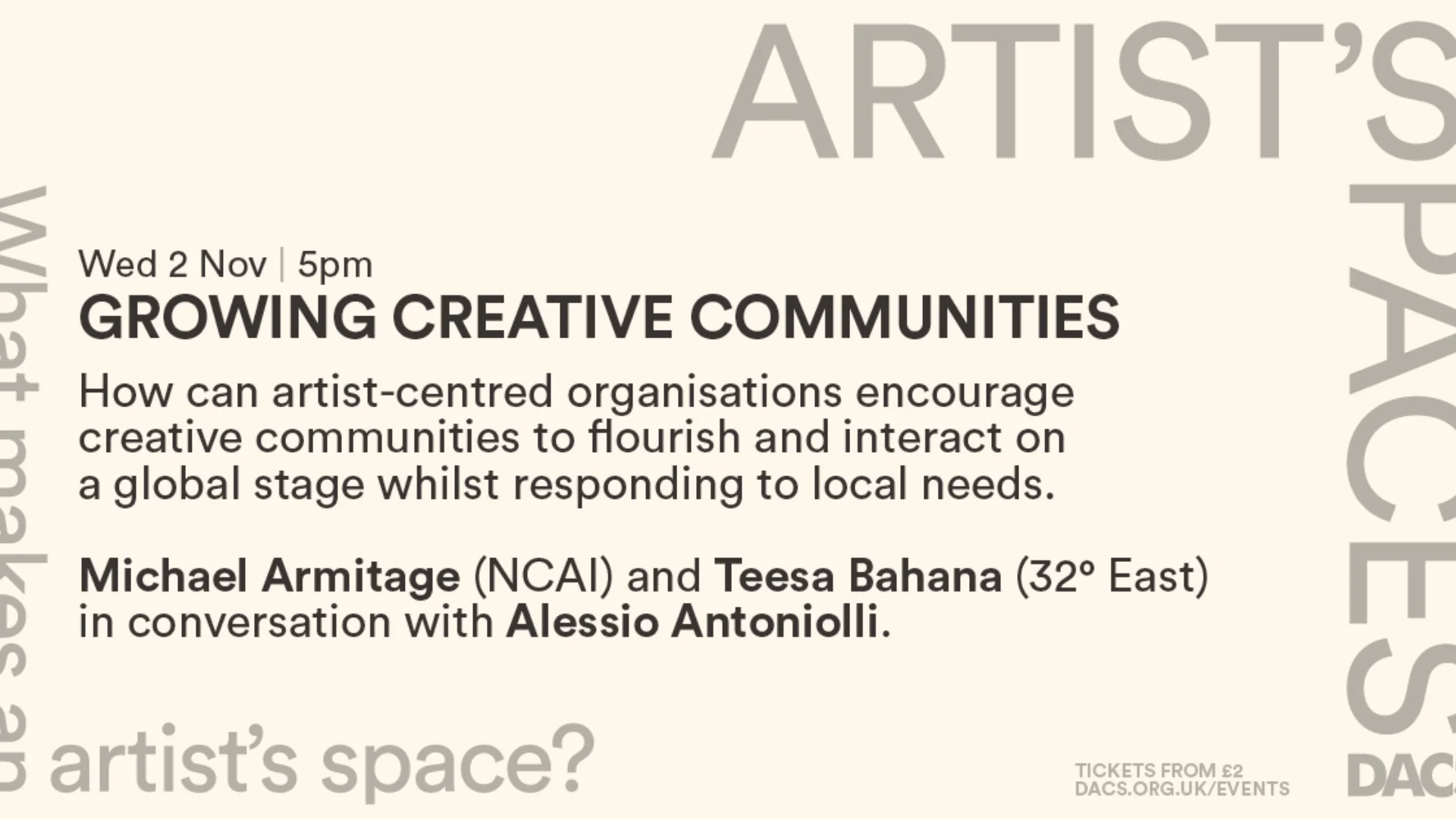 Poster advertising Artist's Spaces: Growing Creative Communities event