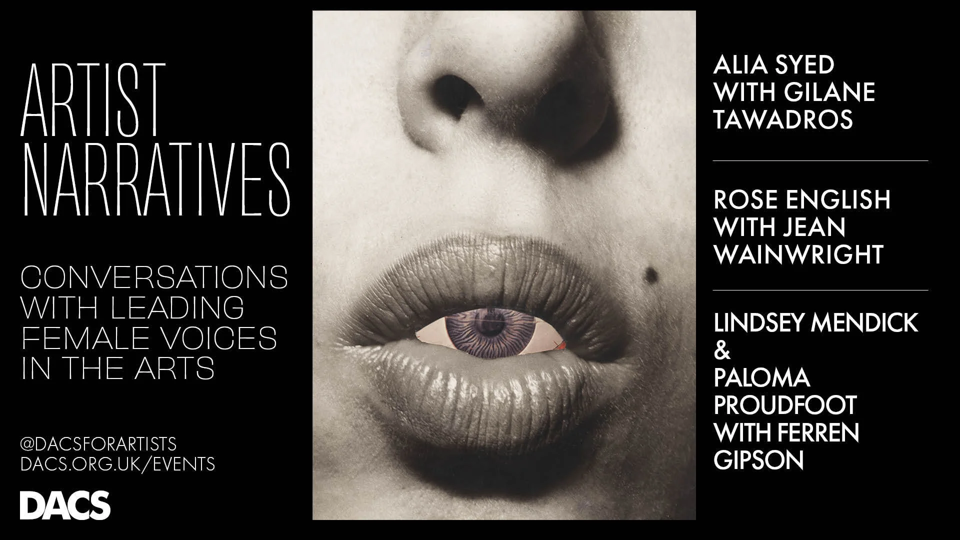 Close up portrait of a face, holding an eyeball in the mouth, and surrounding text about the announcement of the event series