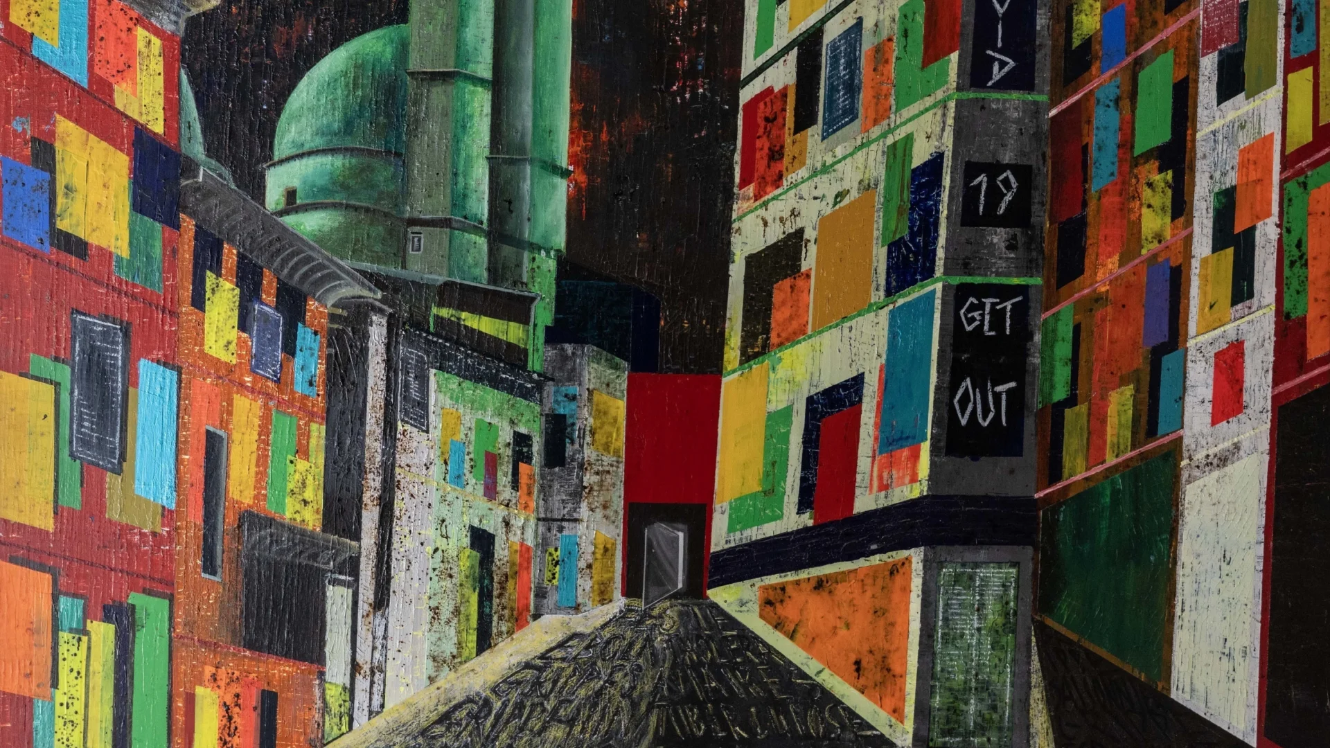 A painting of a street surrounded by blocks of flats with colourful windows