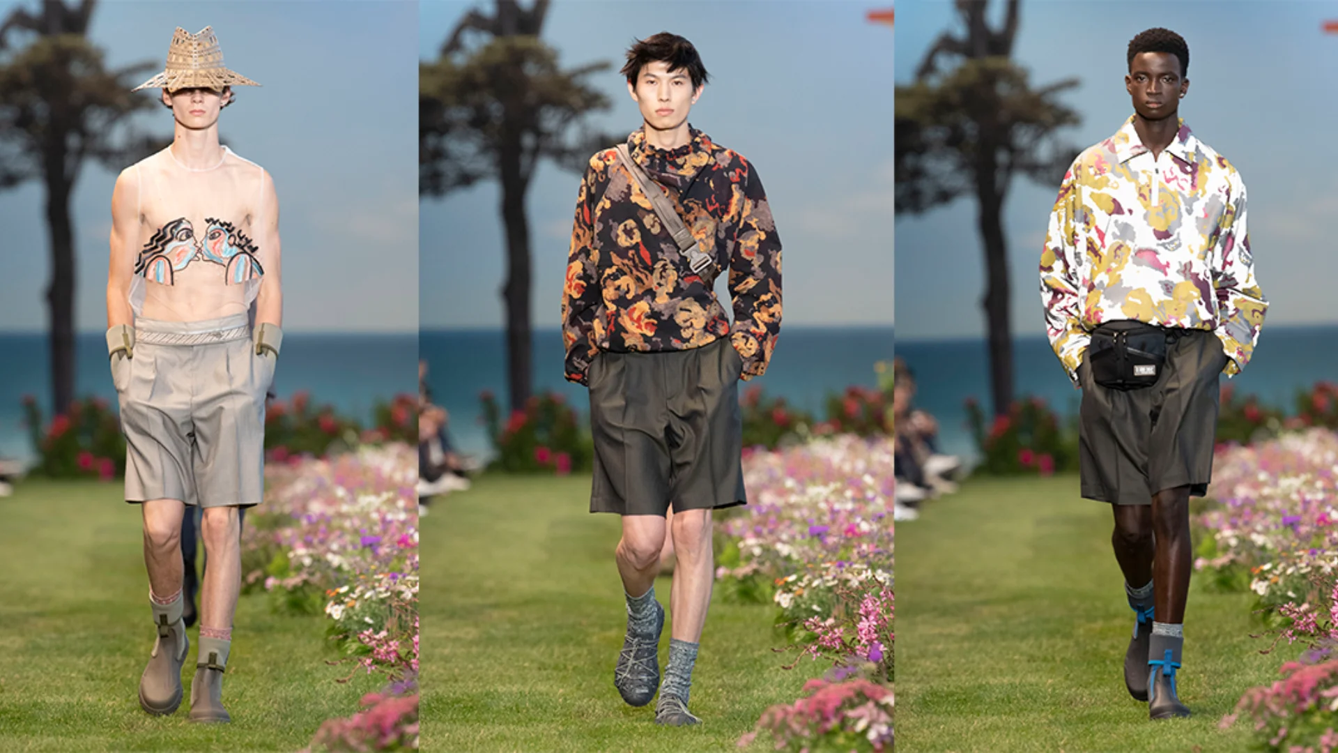 Dior Fashion, three models on run way in Summer 2023 menswear collection