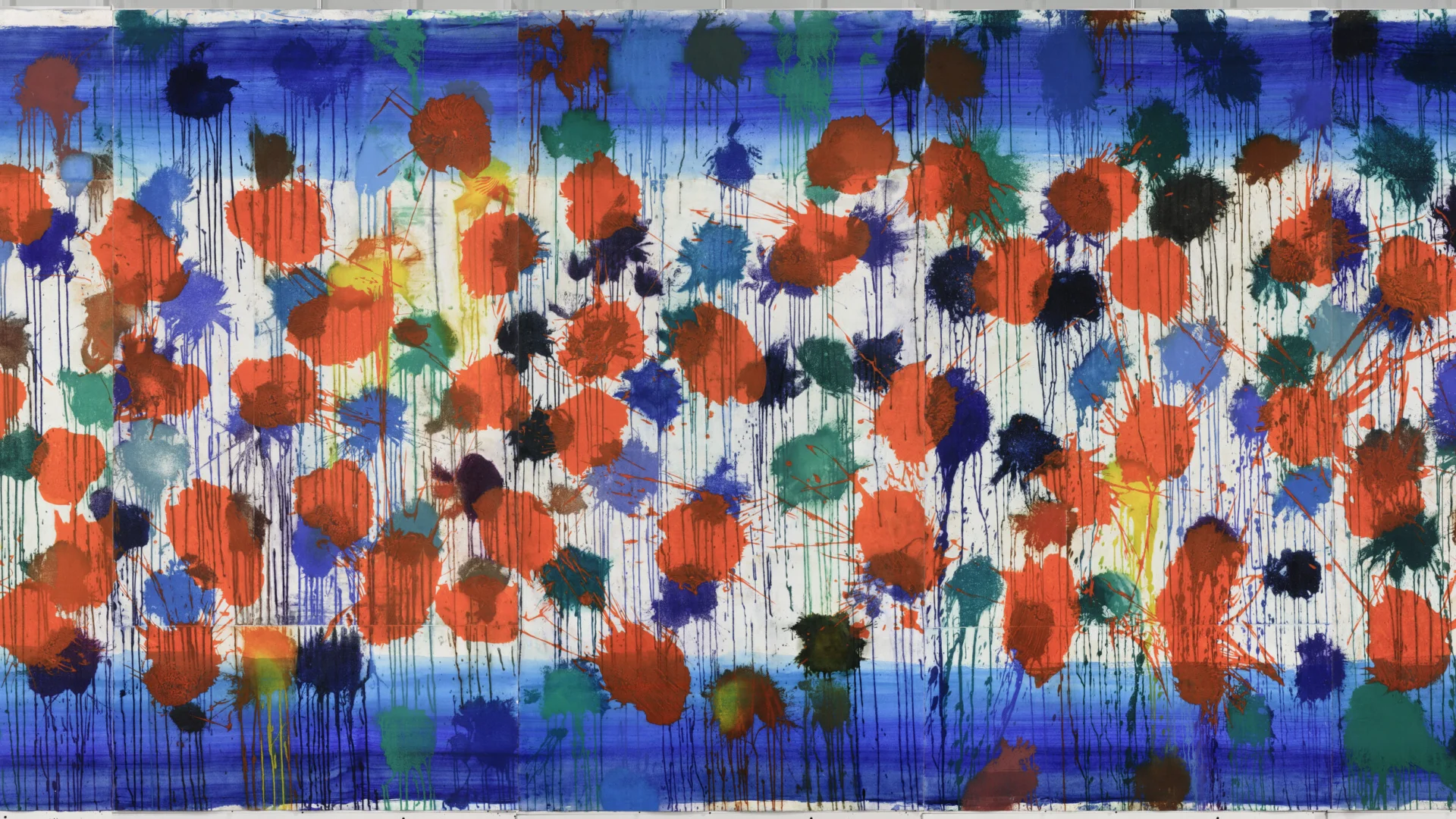 An abstract artwork with a blue rectangular and red dots.