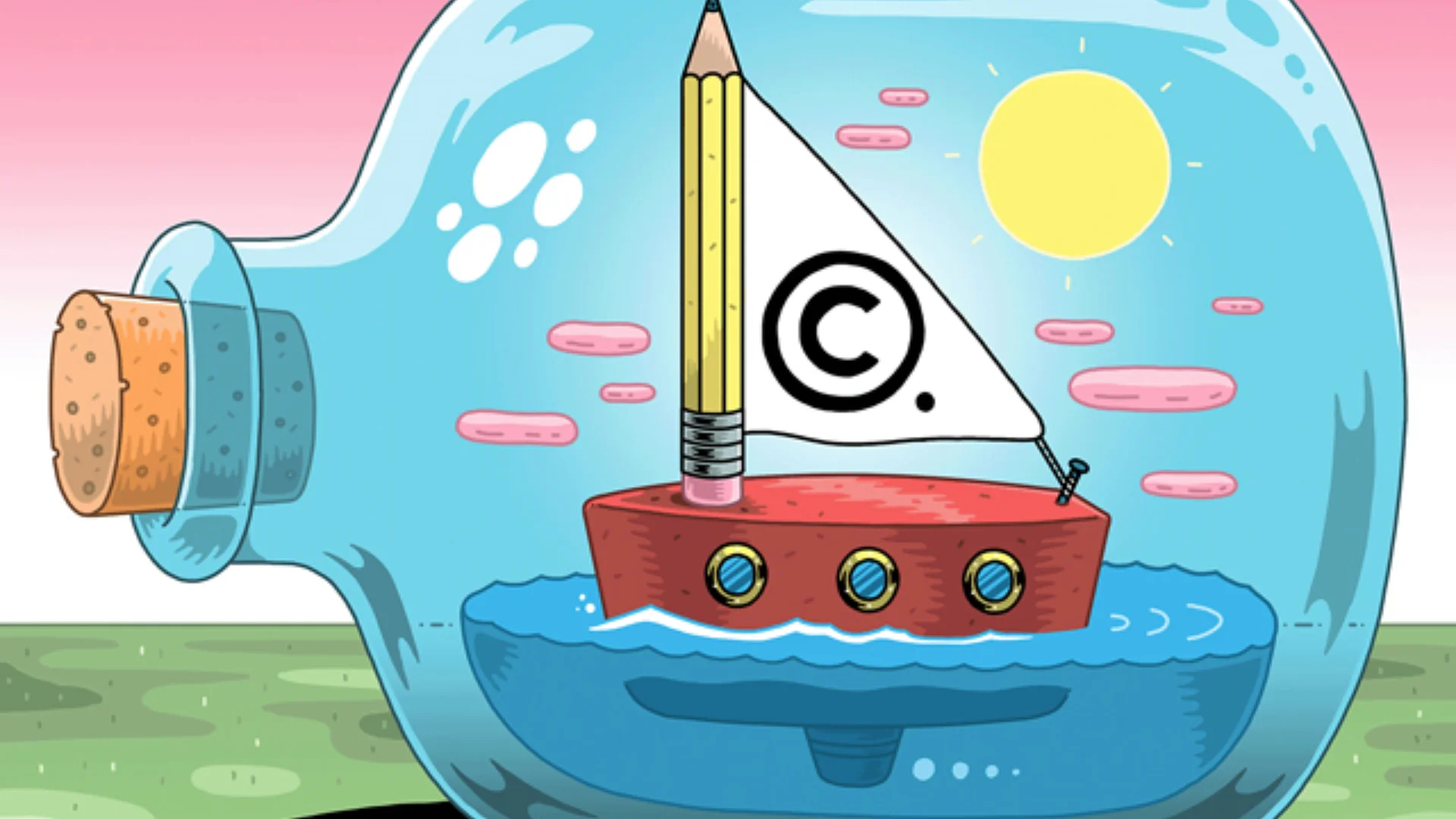 Illustration of a sailing boat in a bottle with Copyright symbol on the sail
