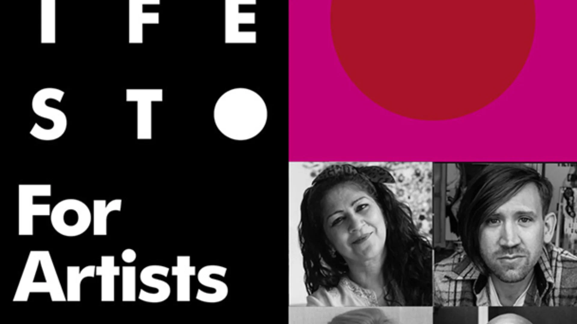 Front page of DCAS manifesto for artists. Includes the title in large down the left hand side with white font on black. In the lower right hand quarter there are the images of four artists and above them is a pink block with a dark red logo in the centre.