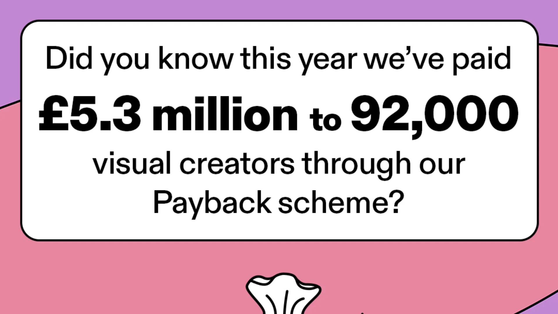 A graphic of a bag of money and a text that says 'This year we paid 5.3million to 92,000 visual creators through our Payback scheme'