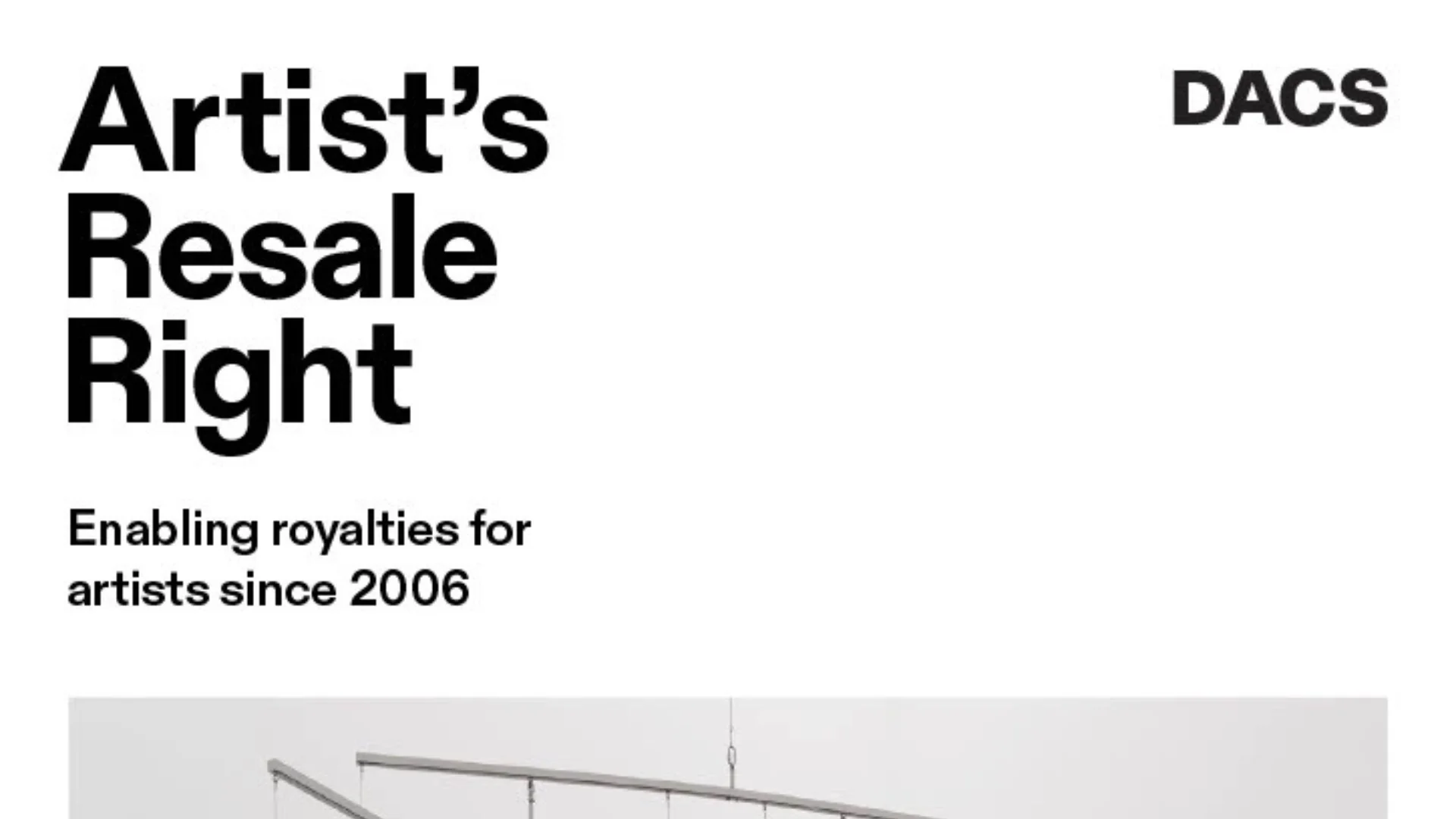 Cover of Artist's Resale Right 2023 Report, with the text 'enabling royalties for artists since 2006' and an image of the world's continents in plexiglass hanging from wooden beams