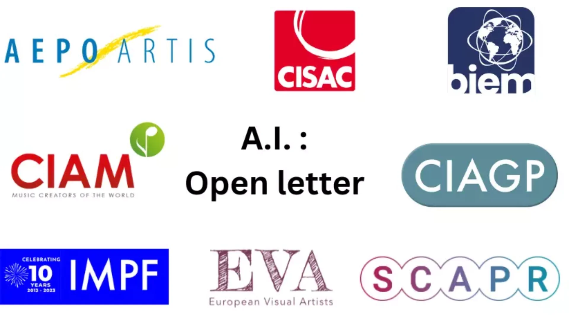 CISAC partners logos AEPO-ARTIS, CISAC, BIEM, CIAM, A.I.:Open letter, CIAGP, IMPF, EVA, SCAPR.