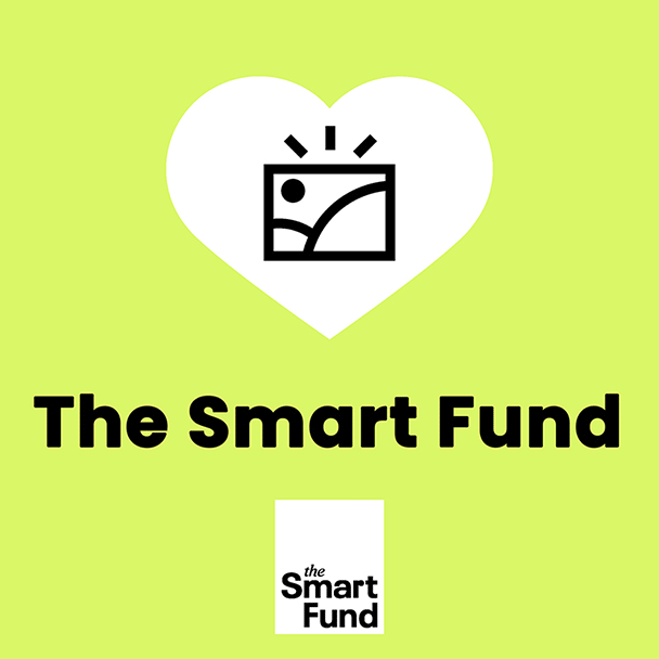The Smart Fund written in black on lime orange background. Above a white heart that contains a small icon of a generic image.