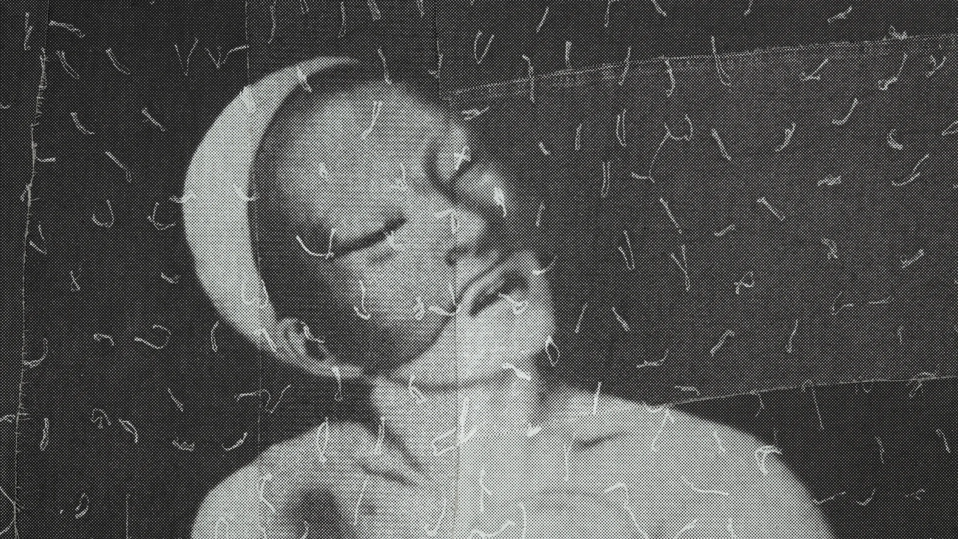 A black and white collage of a person wearing a mask, with their head tilted right.