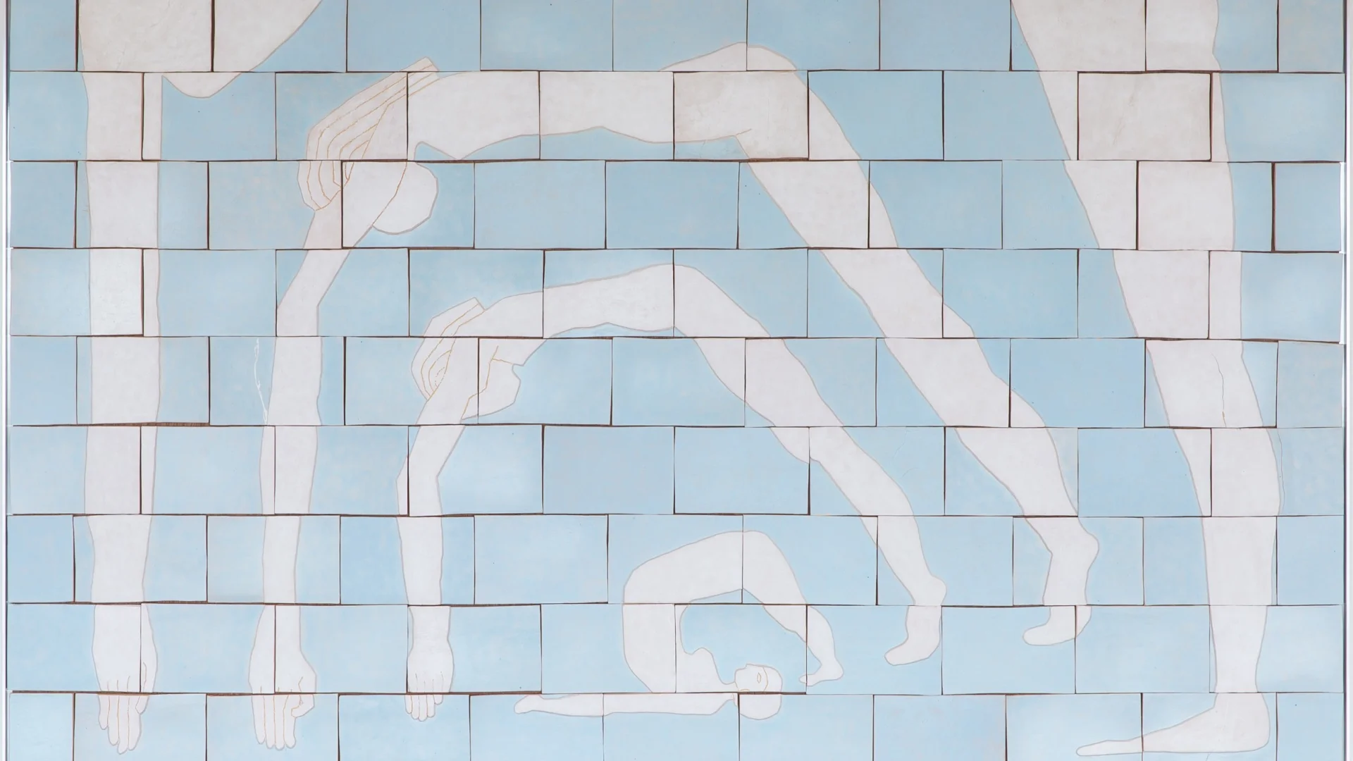 A series of four expanding white figures against a pale blue tile background, forming a protective bridge over a figure in a yogic backbend.