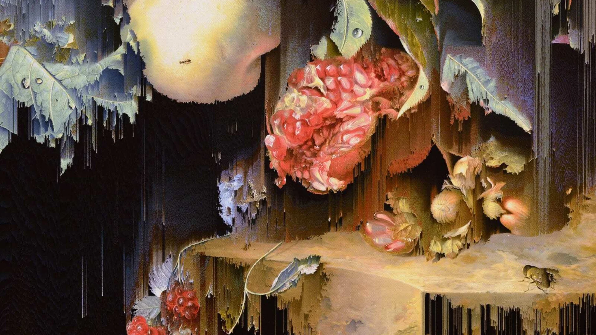 a close up image of an artwork, which slows and old masters' still life manipulated by digital distortion.